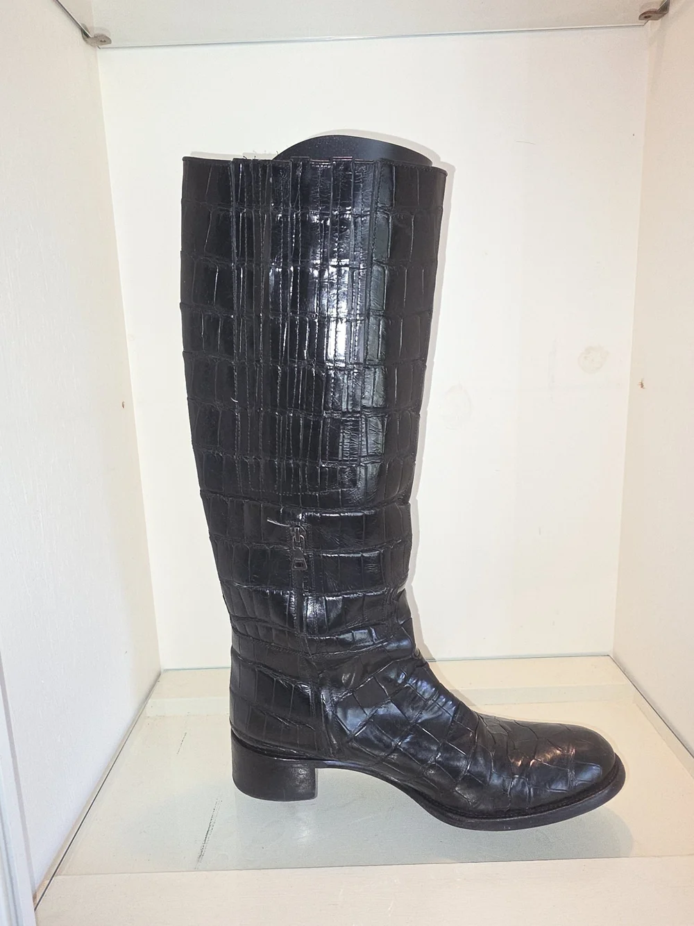 Women’s Brown/Black Leather Crocodile-Embossed Knee-High Riding Boot